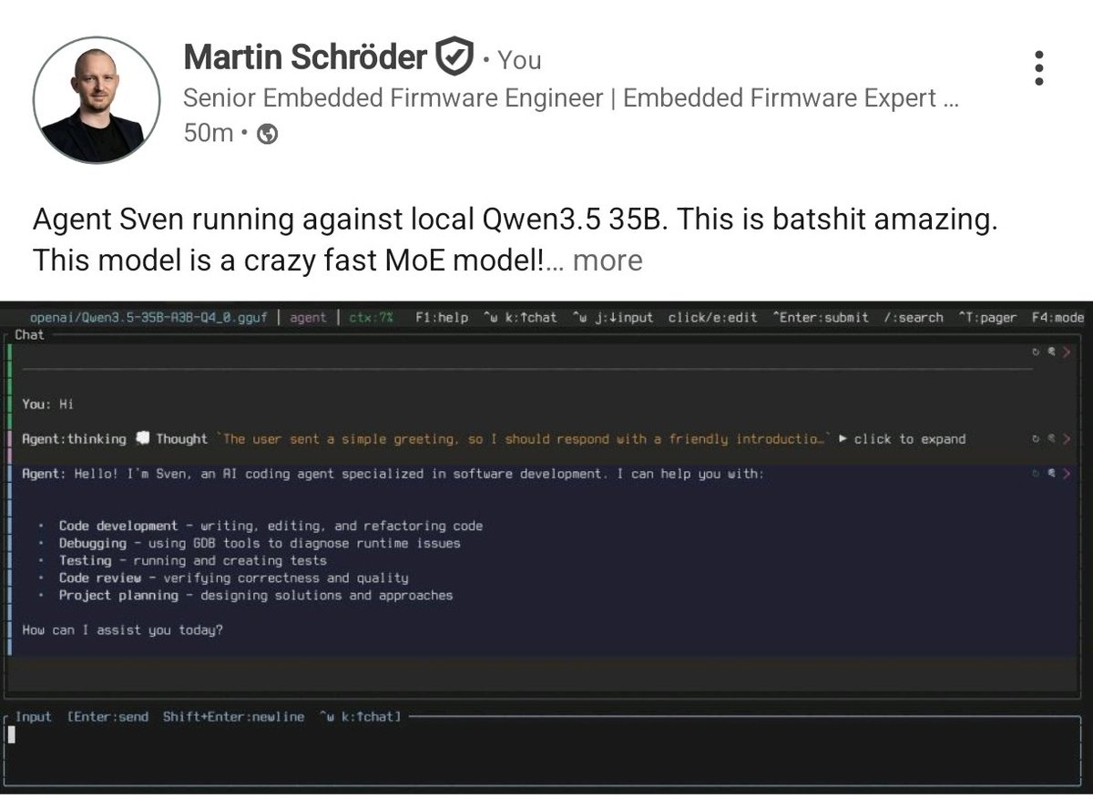 martinkschroder's tweet photo. Agent Sven with local Qwen3.5-35B. This is batshit amazing! https://t.co/OtLi1AFMWQ