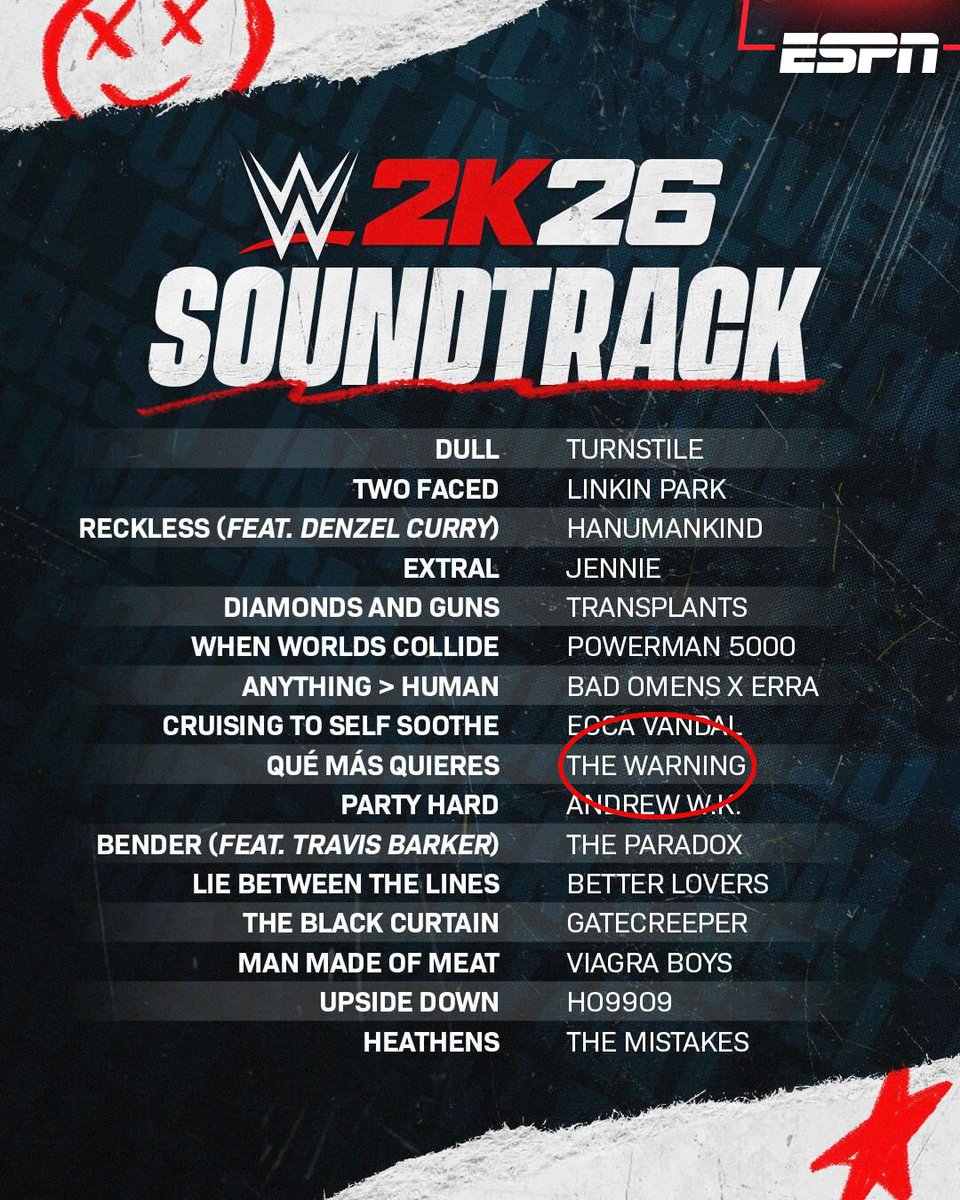 ESPNmx's tweet photo. Primero en Madden, ahora en WWE 2K26 🔥🔥🔥

@thewarningrockband estará en el juego de la WWE con "Qué más quieres" 🔝⭐🇲🇽 https://t.co/pJm0xWKzba