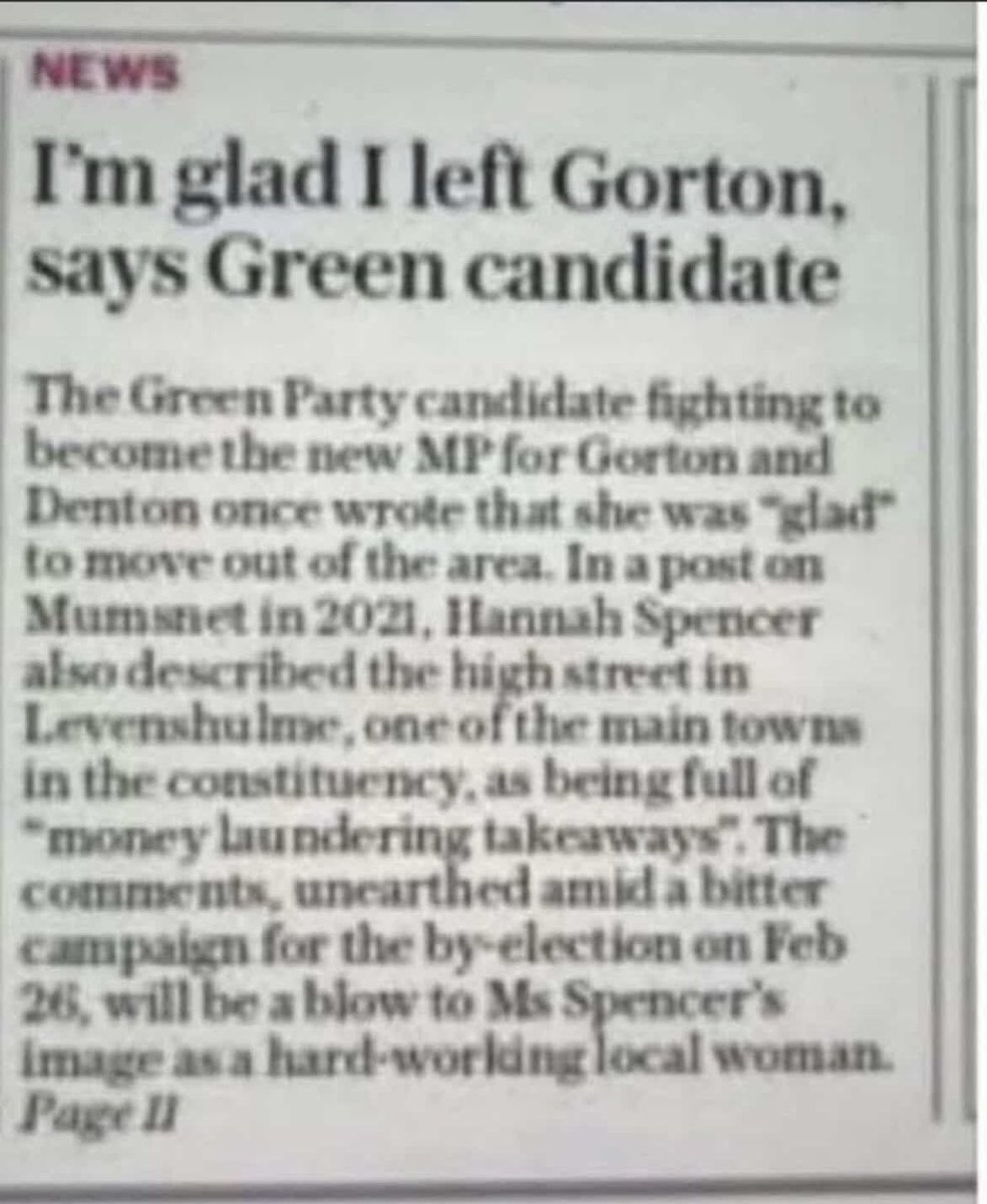 Hannah Spencer, new Green MP for Gorton &amp; Denton, once posted she was 'glad' she left the area. Called Levenshulme high street a 'mile of money-laundering takeaways'.  

Now she owns two homes worth over £1m and lectures us about billionaires lining their pockets.  

Plumber to