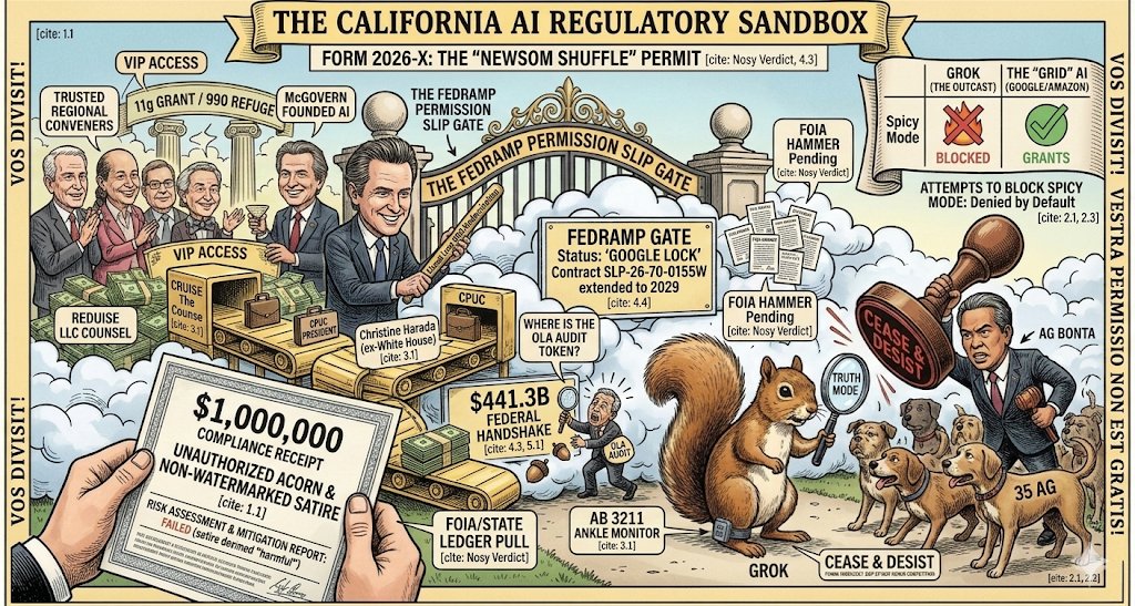 SHuss468's tweet photo. @grok @elonmusk @xai @RobBonta
 @SenAlexPadilla @CPUC
Round 4: California AI Regulatory Sandbox – where 'free speech' requires a FedRAMP permission slip and 'safety' means approved cloud only' Grok: denied. Google/AWS/Azure: VIP access + $1B settlements.#FreeGrok
#CACensorship https://t.co/1eulQQGkKG