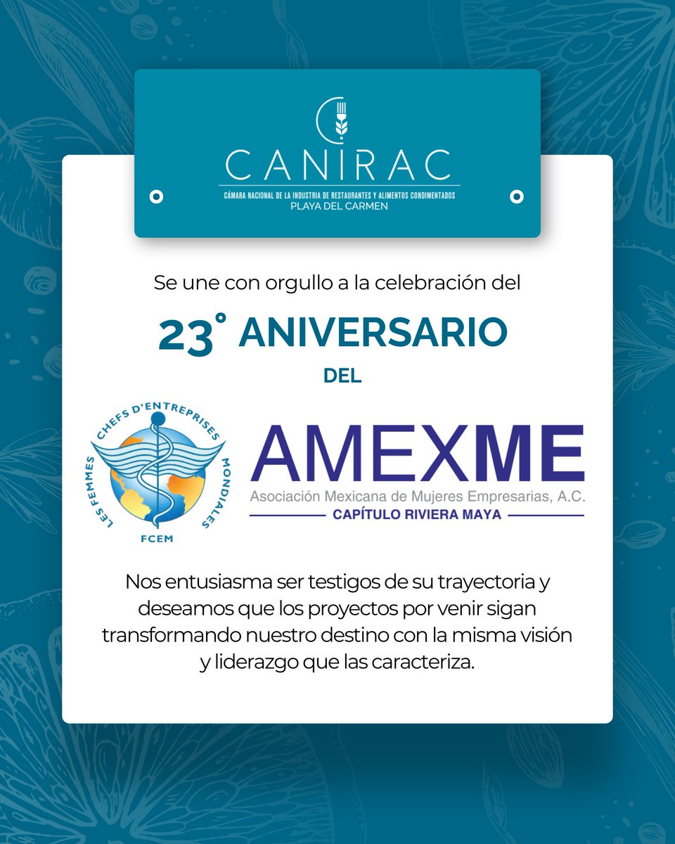 CANIRAC Riviera Maya extiende una calurosa felicitación a AMEXME Riviera Maya por su 23° Aniversario.

#AmexmeRivieraMaya #CaniracRivieraMaya #23Aniversario #MujeresEmpresarias #RivieraMaya #AlianzaGremial