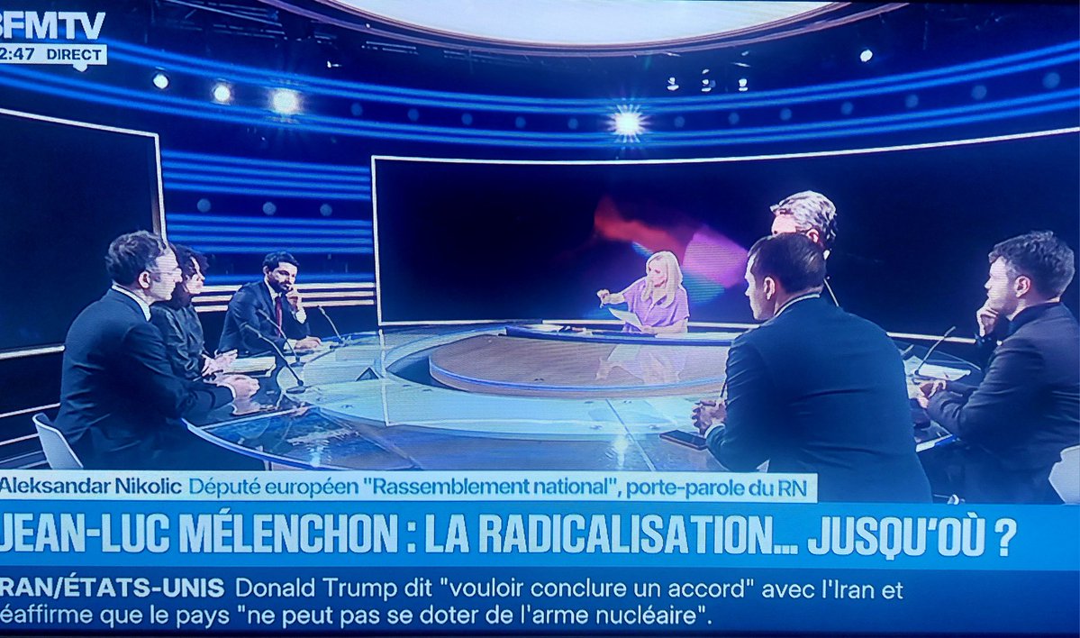 Le plateau très équilibré de <a href="/BFMTV/">BFM</a> ce soir pour débattre de Mélenchon :
- Nikolic député européen RN
- Eyraud de Valeurs actuelles
- Malval de Marianne
- Zahab de Renaissance 
- Rihan Cypel macroniste PS
- Morel, politologue.
Bonjour la consanguinité ! 🤪🤣