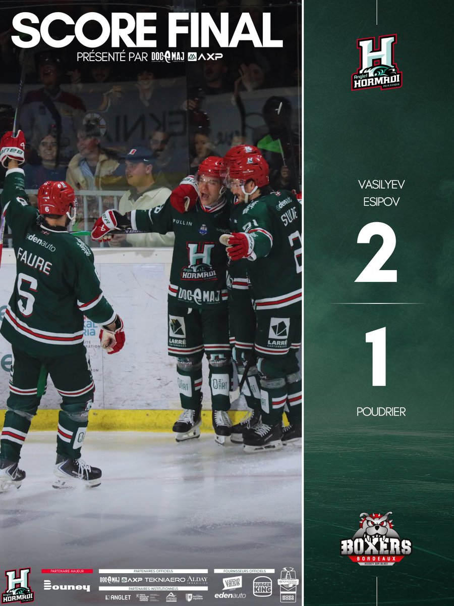 𝐅𝐈𝐍𝐀𝐋 | 𝐇𝐎𝐑2️⃣-1️⃣𝐁𝐎𝐑✅

Cette équipe ne dira jamais son dernier mot ! Quel match, quelle ambiance, une patinoire en ébullition ce soir qui voit nos Angloys s’imposer avec la manière dans cet ultime Derby du Sud Ouest !😍🔥

#GoHormadi | #JoTaKeIrabaziArte