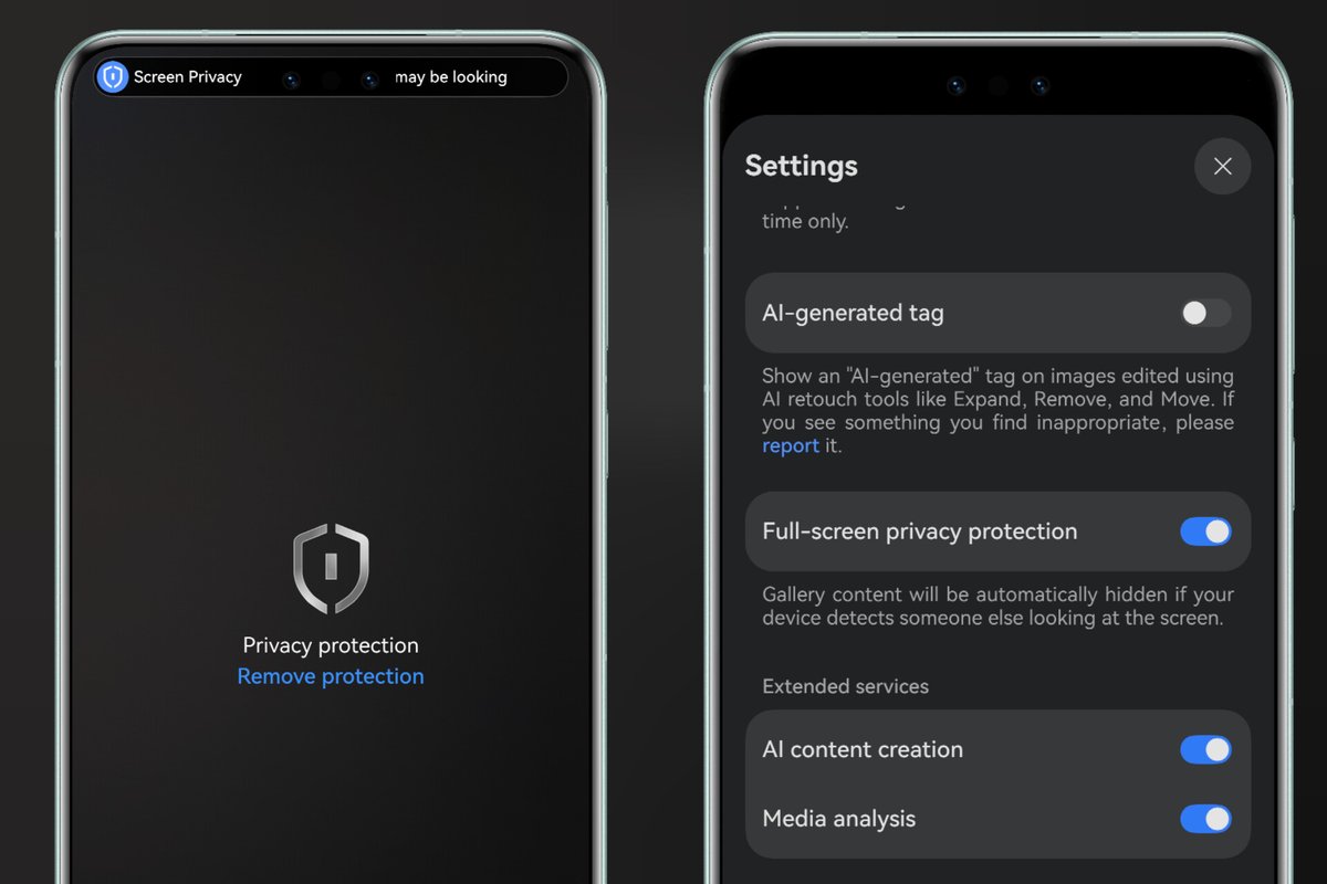I just stumbled upon this also in HUAWEI Gallery, you can enable Full-Screen Privacy Protection here as well which will fully hide your gallery (alerting you someones looking).