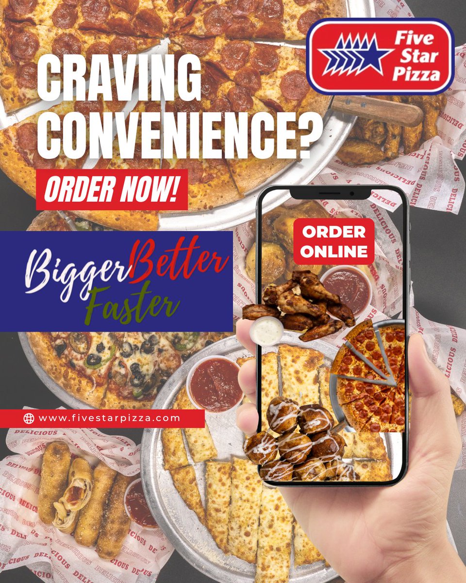 Experience the convenience of Five Star Pizza! We hand-toss fresh dough daily, shred cheese, and slice veggies with care for the best pizzas. Our friendly staff ensures your order is delivered fast. Order online for pickup or delivery tonight! 😊
Order ➡️link-pro.io/lDakc6d