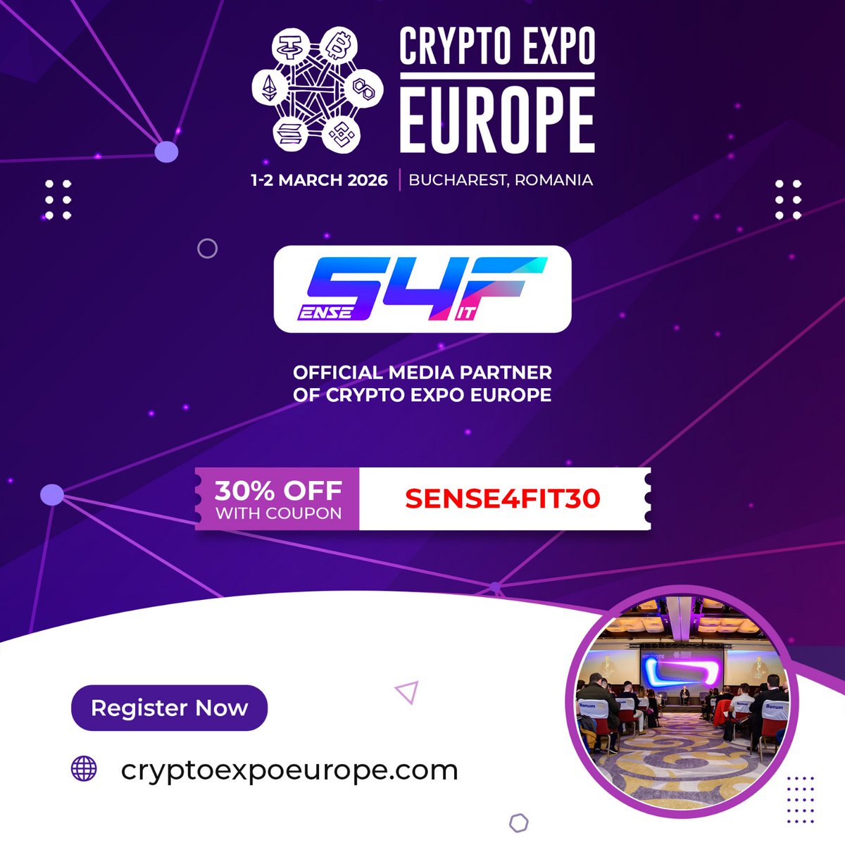 sense4fit's tweet photo. SENSE4FIT is an OFFICIAL PARTNER of CRYPTO EXPO EUROPE happening March 1-2, 2026, in Bucharest, Romania.  

Use SENSE4FIT30 for an extra 30% off and meet us there next week!

#Crypto #BTC #Bitcoin #Blockchain #CryptoEvents #Web3 #Eth #CryptoRomania #VisitRomania https://t.co/1VG1XVBFYo