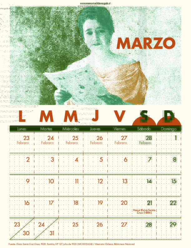 MemoriaChilena's tweet photo. 📅 Prepárate para marzo 
Descarga el calendario de #MemoriaChilena.
Este mes recordamos a Elvira Santa Cruz Ossa (Roxane), escritora, periodista, pedagoga y directora de El Peneca.
El 21 de marzo se cumplen 140 años de su nacimiento.
Descárgalo aquí:
https://t.co/nBvMG0jdbP https://t.co/F3SMccujxC