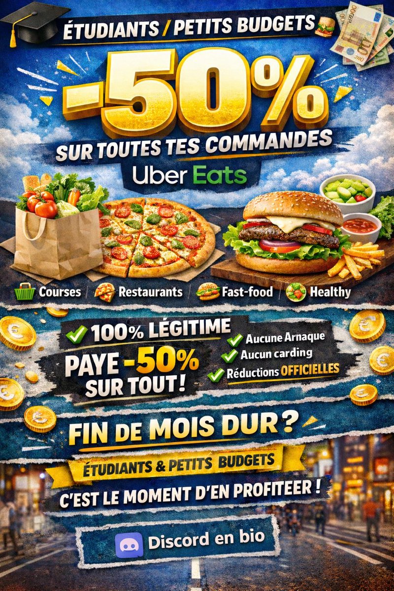 UberCheap_'s tweet image. 🎓 Étudiants, galère de fin de mois, budget serré ?
J’ai un BON PLAN -50% sur TOUTES tes commandes Uber Eats 🔥

👉 Que ce soit :
• 🍕 Restaurant
• 🛒 Courses

-50% sur chaque commande

Et je précise clairement :
✅ 100% légitime
✅ Aucune arnaque
#BonPlan #Etudiant #UberEats