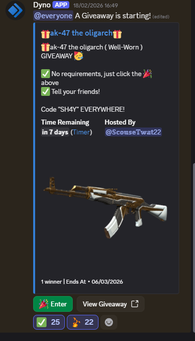 SH4Y__'s tweet photo. 7 DAYS TO JOIN THE DISCORD AND ENTER THE GIVEAWAY FOR THE AK-47 OLIGARCH 👀
https://t.co/Lx2x2oBCKS
#cs2giveaway #Giveaways #GIVEAWAY #GiveawayAlert #counterstrike2 #gaming #free #freeskins https://t.co/w75vcd0bnu