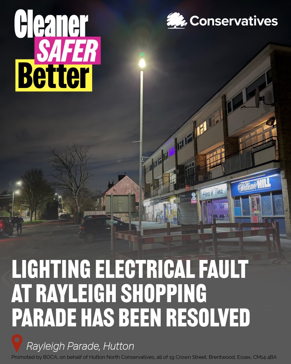 KeithRBarber's tweet photo. We are pleased that the team from @essexhighways today undertook repair of the electrical supply that feeds the main lamppost at Rayleigh Parade.  Great to see the light back on tonight.  Thank you to the resident who raised this issue with us.  We are also working on a set of faulty lights at the bottom of Long Ridings Avenue. #HuttonNorth #Brentwood #conservative Cllr Jay Patel, Cllr Jan Pound and Cllr Keith Barber