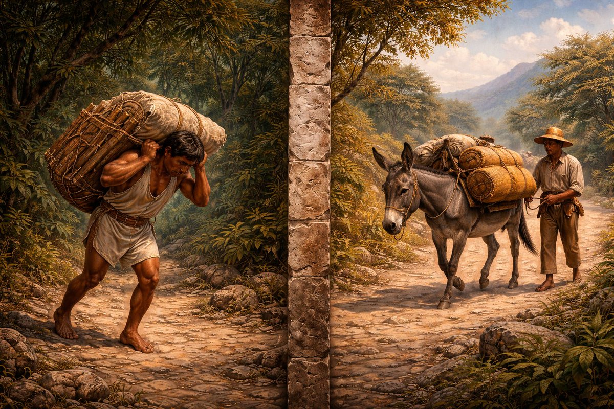 ¿Saben que antes de la llegada de los españoles a América las mercancías se transportaban a la espalda de las personas? La llegada del burro al continente permitió a muchos indígenas literalmente enderezar la espalda.

En América no existían animales de tiro como el burro, el