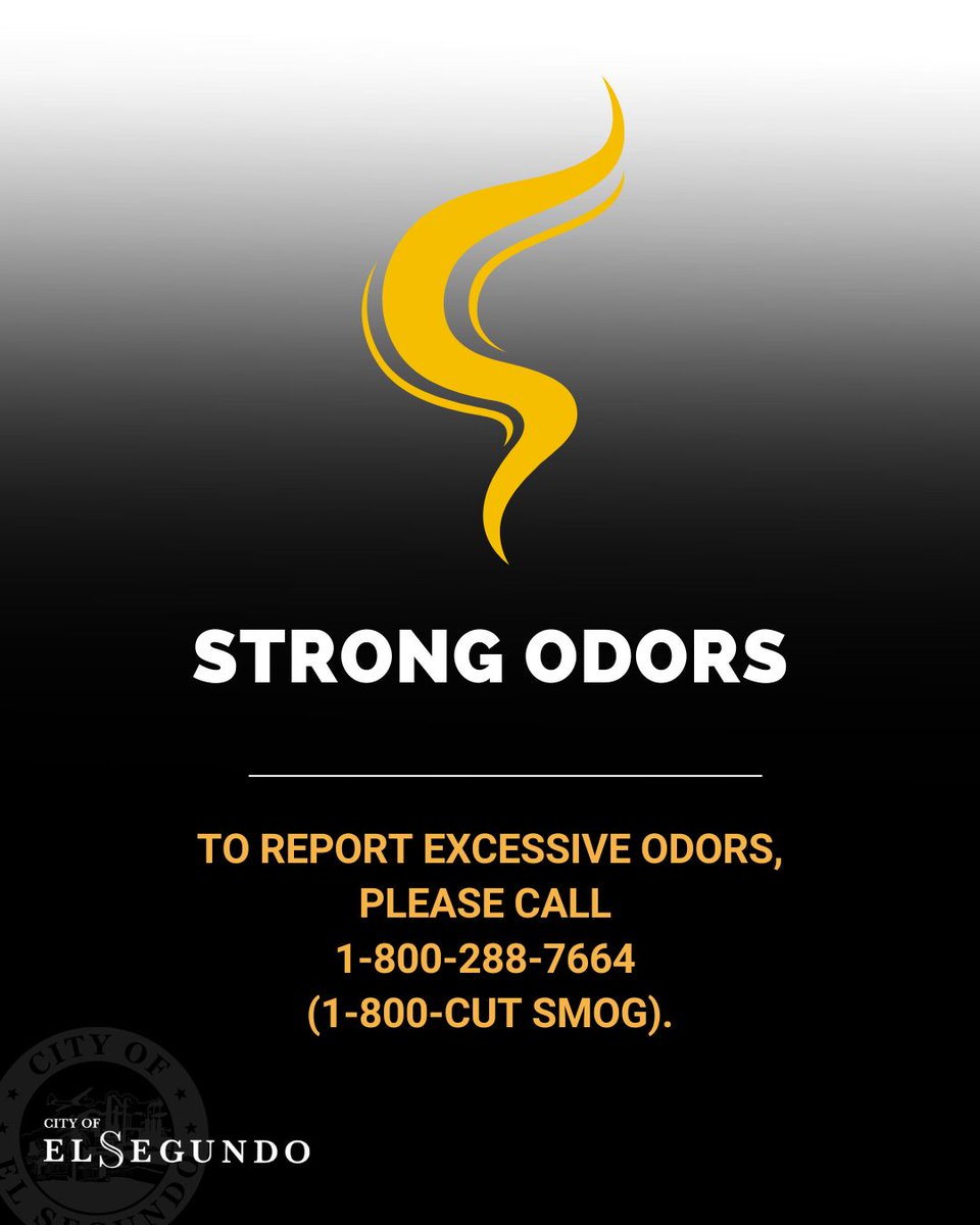 elsegundoalerts's tweet photo. At around 10 a.m., the El Segundo Fire Department investigated reports of strong odors in the northwest of the city and determined that there is no hazard to the community. To report excessive odors, smoke, dust, or other air contaminants, call 1-800-288-7664 (1-800-CUT SMOG). https://t.co/KfY164hrCF