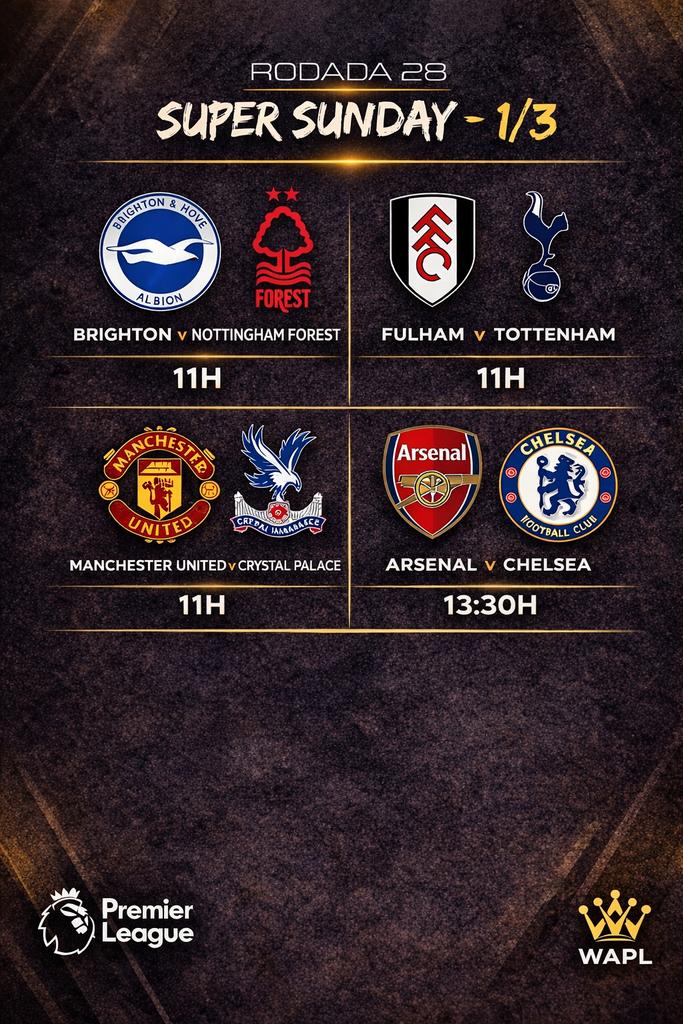 WeArePLeague's tweet image. ◉ Premier League • Rodada 28 

O final de semana será eletrizante, serão mais 9 jogos sendo 5 no Matchday entre eles um Leeds v Man City para jogar pressão no topo da Tabela e no Z3. 

Já no Super Sunday um Manchester United que se nega perder, e nada mais nada menos que um