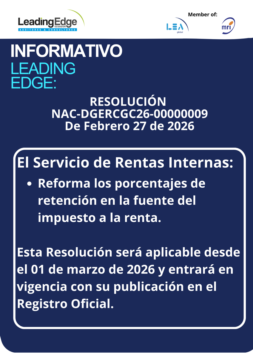 leadingecuador's tweet photo. 📢 Resolución NAC-DGERCGC26-00000009
El SRI reforma porcentajes de retención en la fuente del IR.
Aplica desde 01 marzo 2026, tras publicación en Registro Oficial.
#SRI #Retenciones #Ecuador https://t.co/U2MpsgVkJM