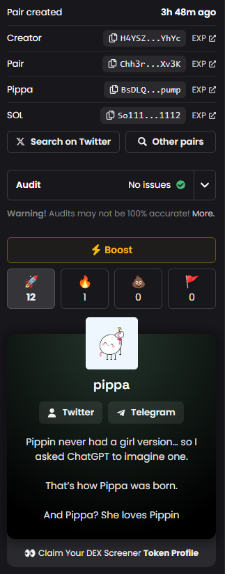 Don't forget to hit the rockets on Dex Screener! 🚀

$Pippa

BsDLQiUcueQgL5h9F5h4wG5NsSA34Qc6FJSHwToqpump