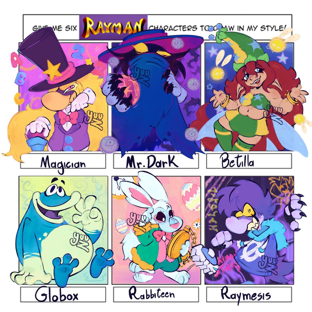 Rayman characters in my style

Thank you for all the suggestions, it was quite fun to draw and sorry if the character you suggested wasn't here, but don't worry, I might make a part 2! <:] #Rayman #Raymanfanart