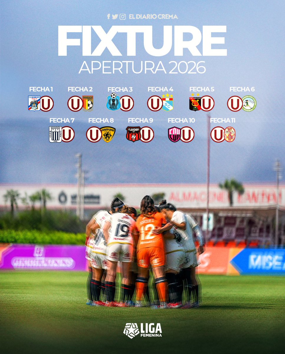 ElDiarioCrema's tweet photo. ✅️ #CONFIRMADO: ¡TENEMOS FIXTⓊRE DE FEMENINO! 🦁✍️🏼

Este es el fixture de Universitario para el Torneo Apertura de la Liga Femenina 2026. ⚔️

Empieza una nueva historia y toca seguir alentándolas... ¡TODOS JⓊNTOS, LEONAS! 💛❤️💪🏼

🎨 @FabianOlea1924
#YdaleU
#VamosLeonas https://t.co/c2VvzoAYux