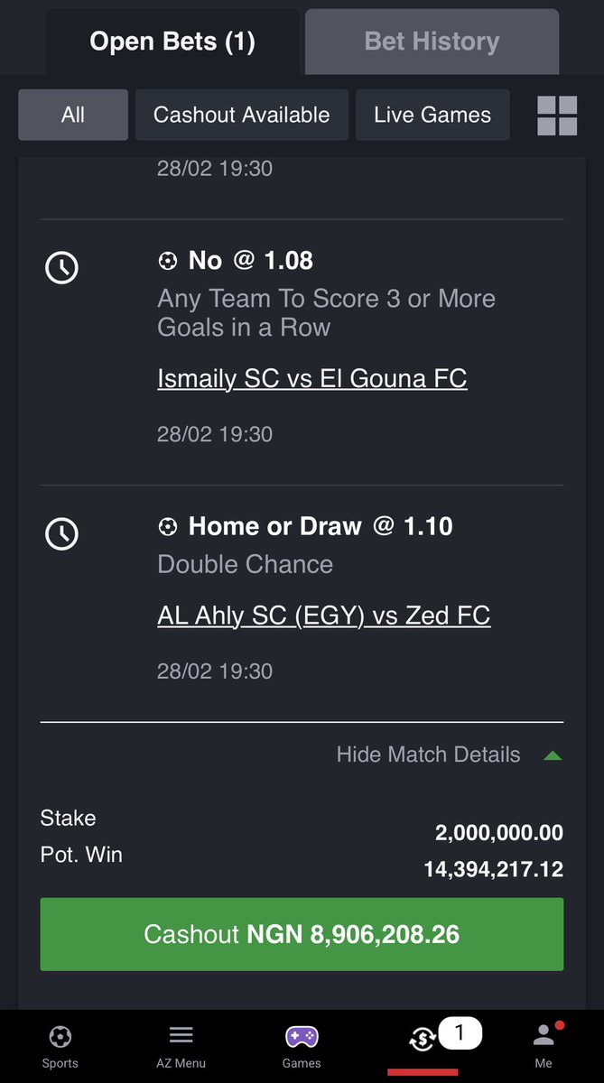 I played game before going to bed last night with sleepy eyes lol, didn’t know the last games are for tomorrow lol, and I’m getting cash out of 8m already . So I’ll postpone gba gba sporty till tomorrow 🤝.