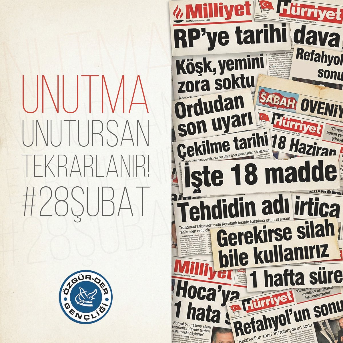 Unutma!
Unutursan Tekrarlanır!

28 Şubat zulmünü işleyenleri unutmadığımız gibi, bu zulme ortak olan medyayı, siyaseti ve akademiyi de unutmadık! 

Müslümanların çektikleri sıkıntıları unutmadığımız gibi meydanlarda verdikleri mücadeleyi ve direnişi de unutmadık! 
 
#28Şubat