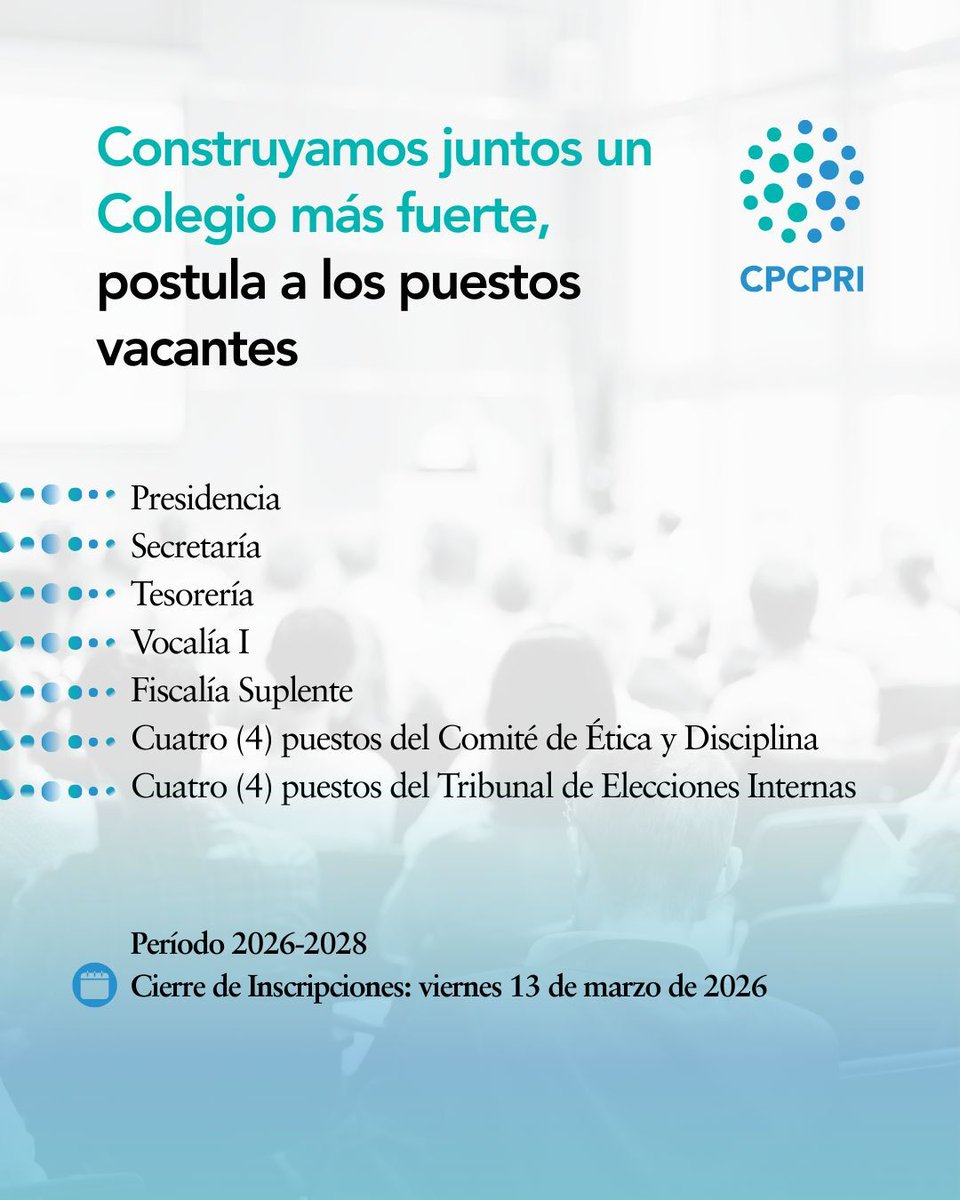 ColegioCPRI's tweet photo. 🔹 APERTURA DE INSCRIPCIÓN DE CANDIDATURAS 🔹 

El Tribunal Electoral Interno del CCPRIP invita a todas las personas colegiadas a participar en el proceso electoral para elegir a quienes integrarán los distintos órganos del Colegio durante el período 2026-2028. https://t.co/cnOXSwGN9D