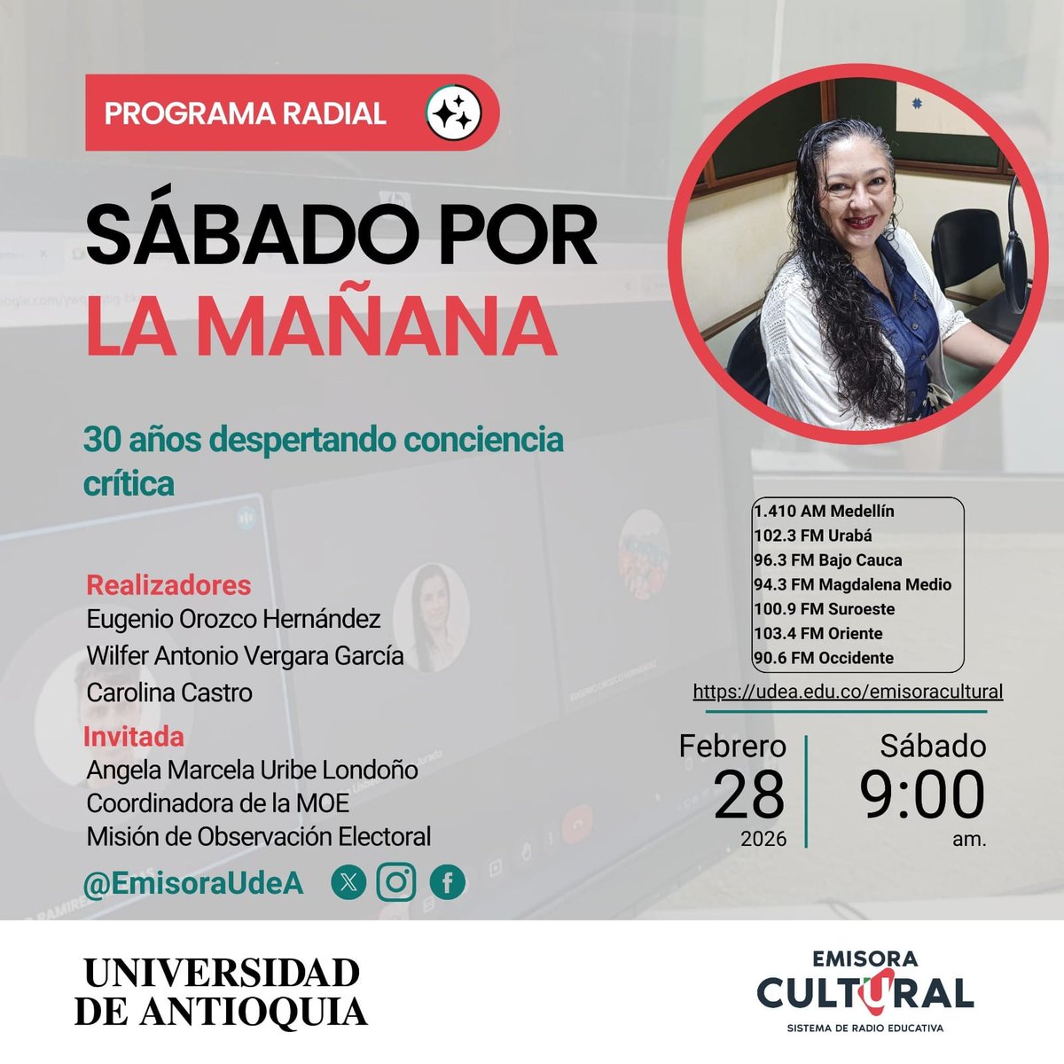 ✨ Este sábado fuimos invitadas por la @EmisoraUdeA para conversar sobre los retos y oportunidades para fortalecer la observación electoral en el país.
 
 🎙️Invitada:  Marcela Uribe |  Coordinadora de la MOE Antioquia
 🗓️ 28  feb 2026
 ⏰ 9:00 a.m.
 📻Sintoniza @EmisoraUdeA