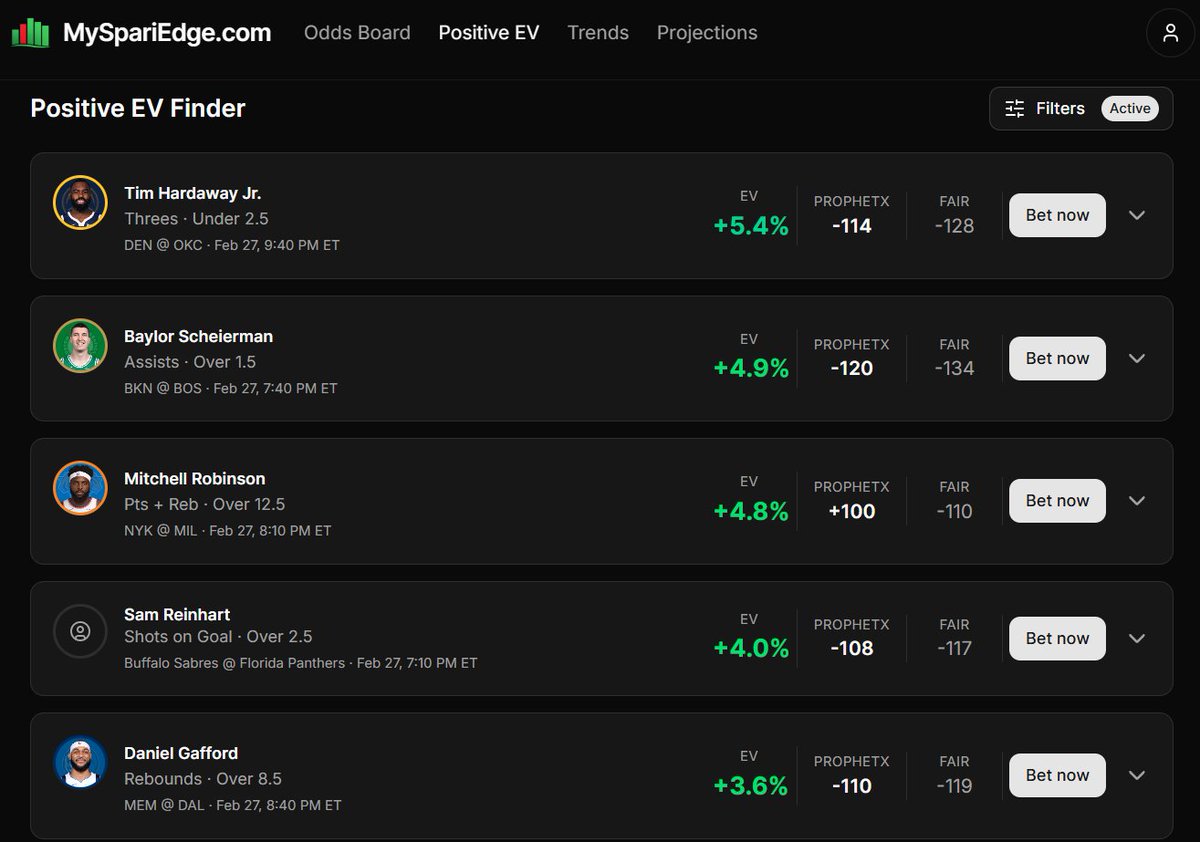 ProphetX 🤝 +EV Finder Check out these 5⃣ VALUE Props via our Optimizer ...