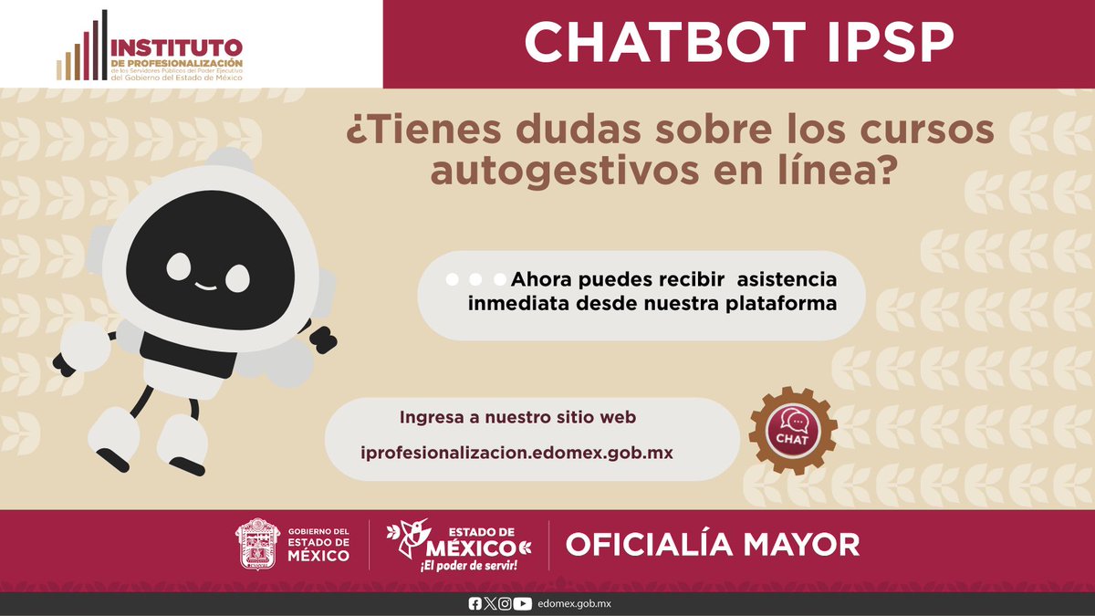 🤖 ✨ ¡Ya está activo nuestro chatbot en el sitio web del #IPSP!
Resuelve dudas relacionadas a registro acceso, bloqueo, constancias y más, de manera rápida y sencilla. 💬✨
🔗iprofesionalizacion.edomex.gob.mx
#OficialíaMayorEdoMéx #ComunidadIPSP