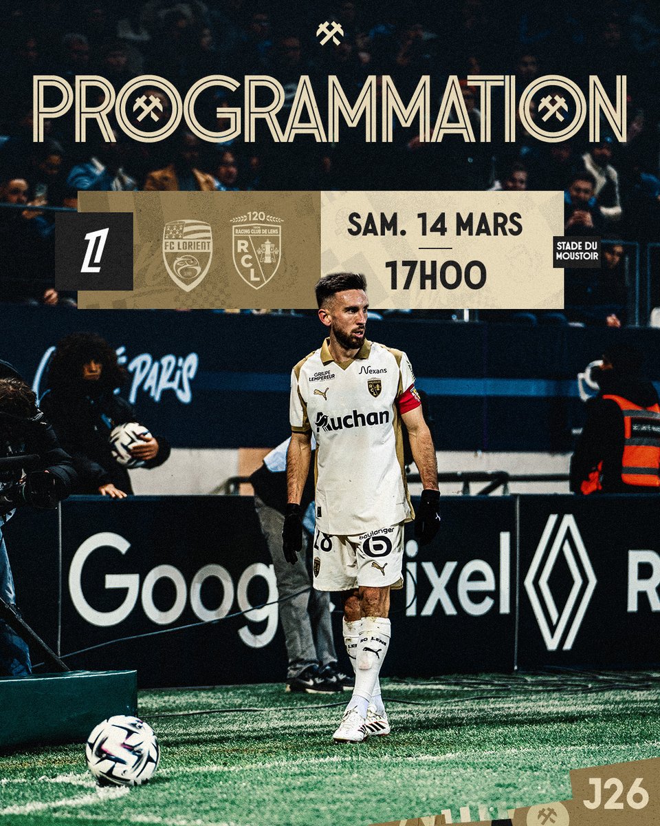 RCLens's tweet image. La programmation de #FCLRCL est connue 🗓️

⚽️ 𝐉𝟐𝟔 de @Ligue1
🆚 @FCLorient 
📅 Samedi 14 mars à 17h00
📍 Stade du Moustoir
📺 @beinsports_FR 

#FiersDEtreLensois