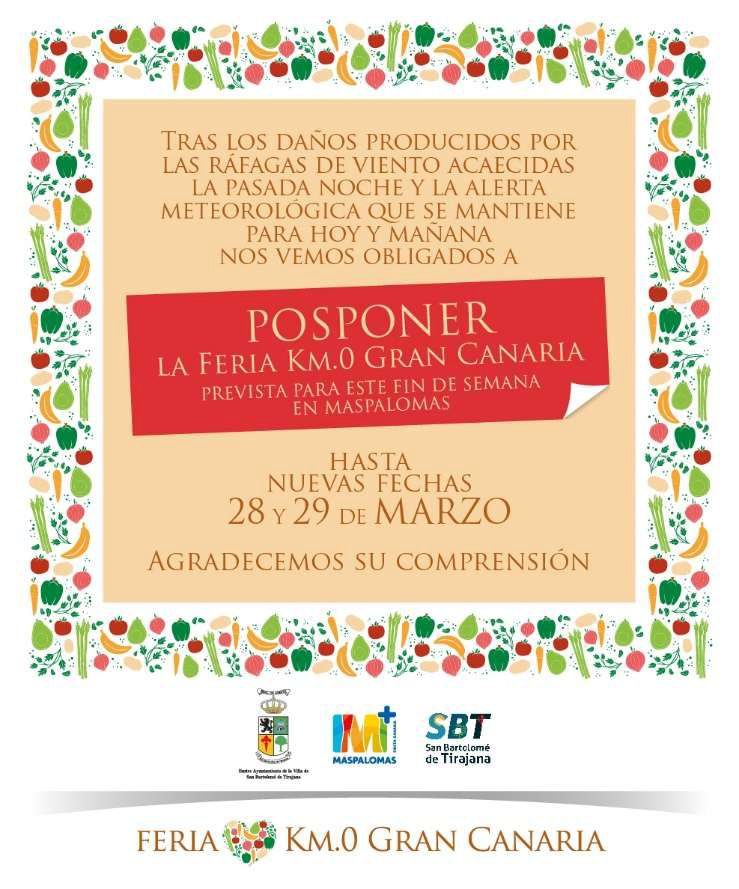 SolActualidad's tweet image. La Feria km.0 Gran Canaria en Maspalomas se pospone a los días 28 y 29 de marzo, por los daños producidos por las ráfagas de viento y ante la alerta meteorológica. @AytoSBT #FeriaKm0 #Apalzada #AlertaMeteorologica