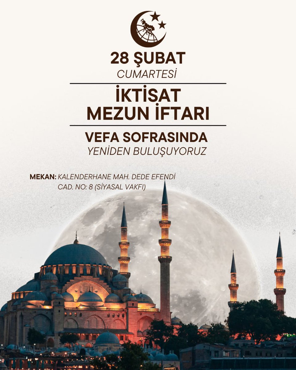 Kıymetli Reisler,

Beyazıt’ın bereketini ve yıllar boyu süren kardeşliğimizi "Vefa Sofrası"nda tazelemek için iftarda buluşuyoruz. Sizleri de aramızda görmekten mutluluk duyarız.

📅 Tarih: 28.02.2026
📍 Yer: Siyasal Vakfı
🕒 İftar Saati: 19.00