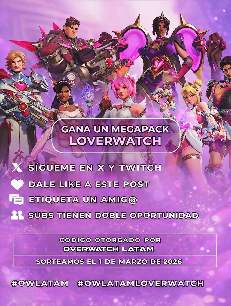 HOLAAA 💘 SORTEO MEGAPACK
LOVERWATCH 💘

Gracias a <a href="/OverwatchLATAM/">Overwatch</a> por el código para sortear a la comunidad 💝
Requisitos:
🩷Seguirme Instagram y Twitch
💘Menciona un amig@
💕Like a este post
💓Subs tienen doble oportunidad

#OWLATAM #OWLATAMLoverwatch
Nos vemos el 1 de Marzo 🍀