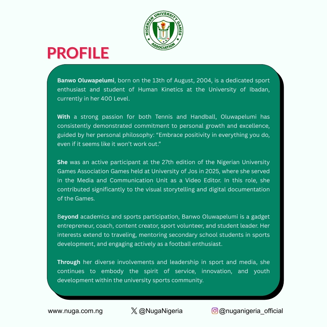 NUGANigeria's tweet photo. 🎉 #FANOFTHEWEEK

Spotlight on Banwo Oluwapelumi — student, tennis enthusiast &amp; NUGA volunteer 👏

You could be next 👀
Register via our previous post
📅 Deadline: March 3
#NUGA #FanFeatureFrida #NUGAVolunteers https://t.co/wB20FgIKlC