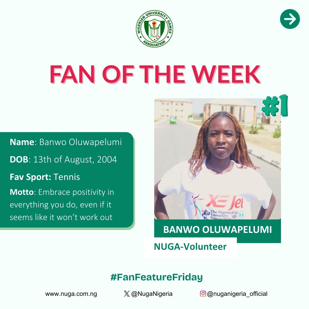 NUGANigeria's tweet photo. 🎉 #FANOFTHEWEEK

Spotlight on Banwo Oluwapelumi — student, tennis enthusiast &amp; NUGA volunteer 👏

You could be next 👀
Register via our previous post
📅 Deadline: March 3
#NUGA #FanFeatureFrida #NUGAVolunteers https://t.co/wB20FgIKlC