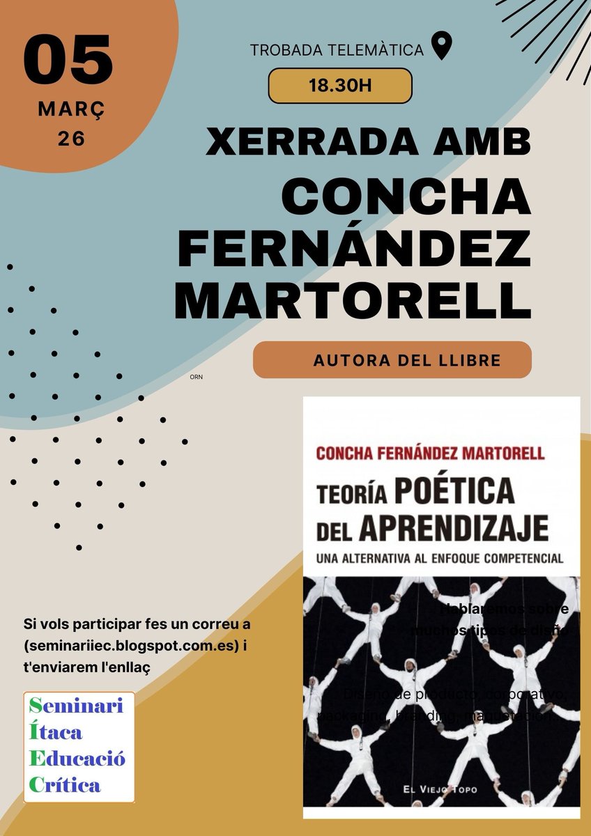 Acte del <a href="/SeminariItaca/">Seminari d'Educació</a>
Dijous 5, presentació llibre i conversa amb l'autora.
Sii vols participar envia un correu a
seminarieducaciocritica@gmail.com