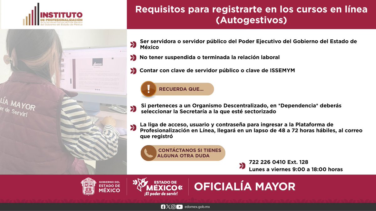 📚✨ ¿Quieres inscribirte a nuestros cursos en línea?

Te compartimos los requisitos que necesitas para completar tu registro de manera correcta y sin contratiempos.💻🤝
Tu formación es parte fundamental de #ElPoderDeServir

#ComunidadIPSP #OficialíaMayorEdoMéx