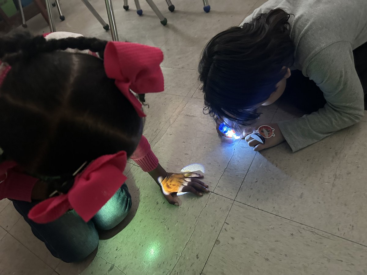 TheraErickson's tweet image. Dariel and Zoe 🔎investigating the word bigger and smaller by using  flashlights🔦 with pictures in them with Ms. Cousins.  #CreativeLearning #StudentSuccess #StudentInterests