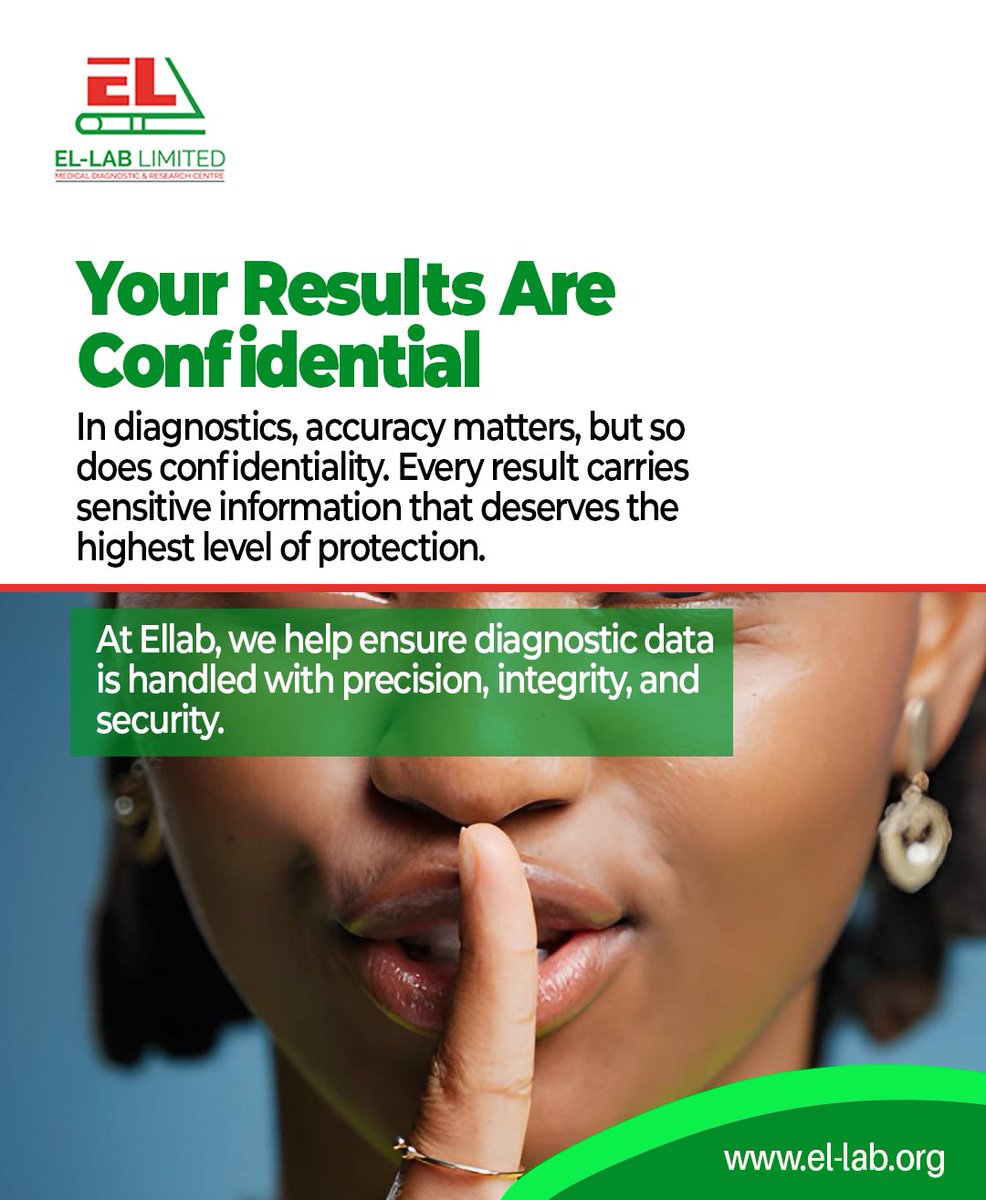 Ellab_ng's tweet image. Results aren’t just data, they’re deeply personal information about your health.

Your privacy is our priority at EL-LAB.

Call: 08127393115 or DM us for more enquiries!

Visit our website: el-lab.org to book a test.

#ELLABCares