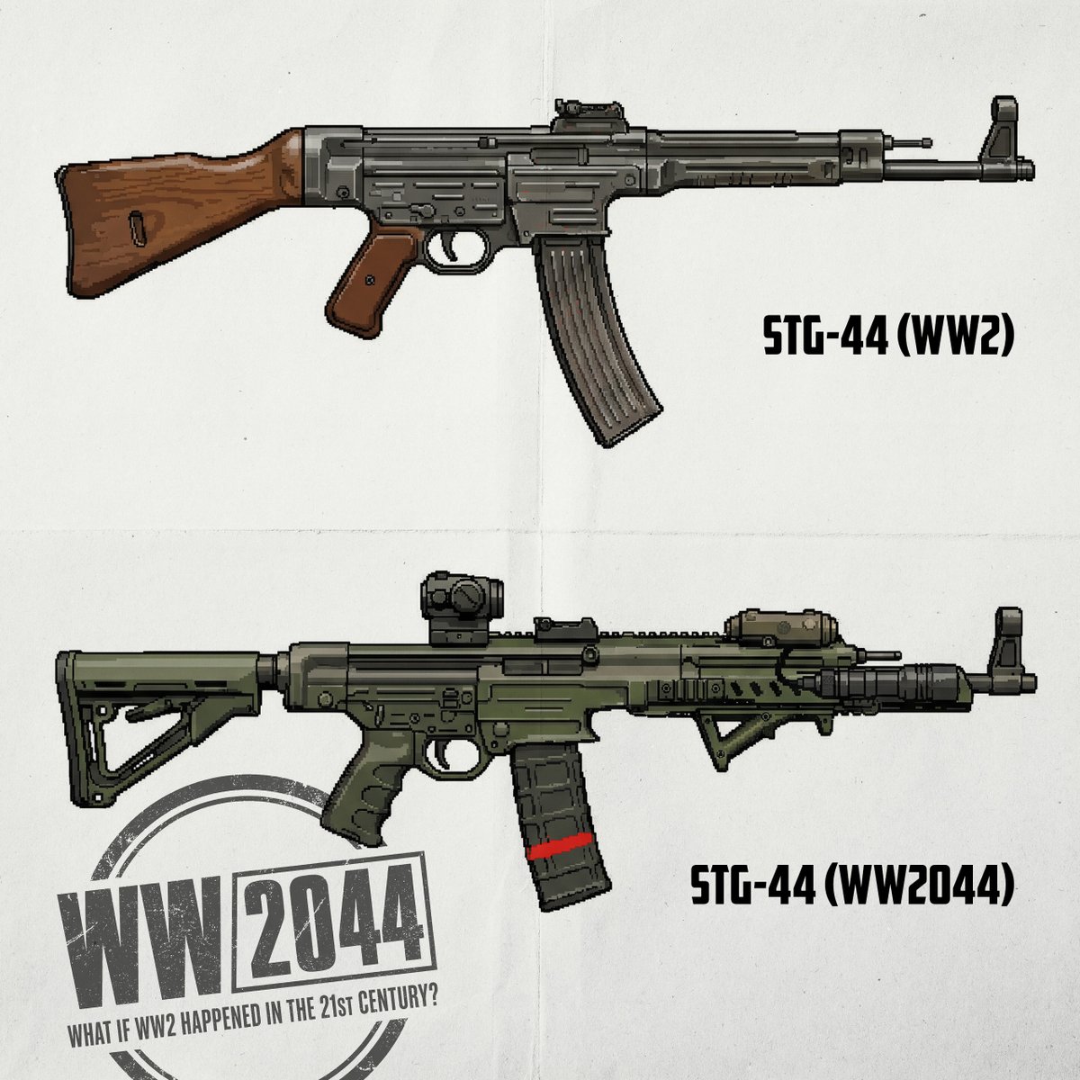 kaisercatcinema's tweet image. World of WW2044 - My take on a #milsim STG-44 modernisation #gunmod #althistory. kaisercatcinema.com/s/about-ww2044
