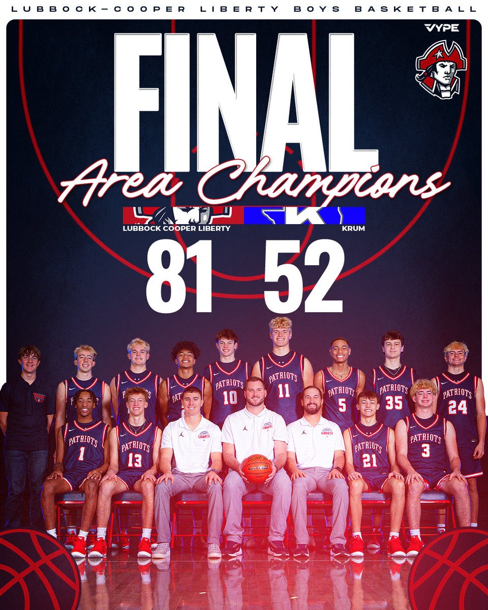Patriot_Ath's tweet photo. .@LibertyMBB_LCP The Liberty Patriots defeat Krum 81-52 to win the Region 1 Area Championship. Great job, Patriots! #LCPfamily #PatriotCulture #CutTheNet https://t.co/Tga5dPn3vP