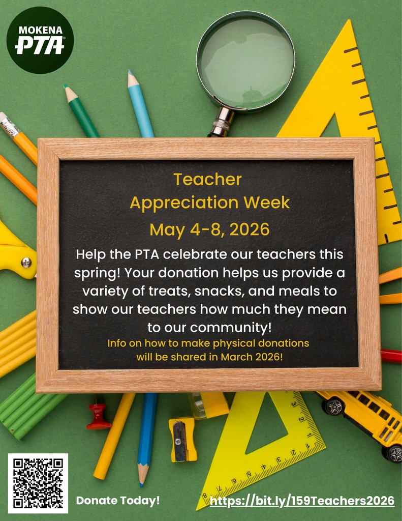 The Mokena PTA would love your help in celebrating our amazing staff during teacher appreciation week in May!  You can donate to help with their plans at bit.ly/159Teachers2026 !