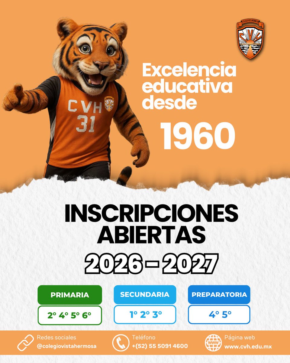 CVH_MX's tweet image. 📣 ¡INSCRIPCIONES ABIERTAS 2026–2027!

🎓 Lugares disponibles:
🔸 Primaria (2°, 4°, 5° y 6°)
🔸Secundaria (1°, 2° y 3°)
🔸Preparatoria (4° y 5°)

Informes: 
📞(+52) 55 5091 4600
🌐 cvh.edu.mx

#SomosCVH #ColegioVistaHermosa #Admisiones2026-2027