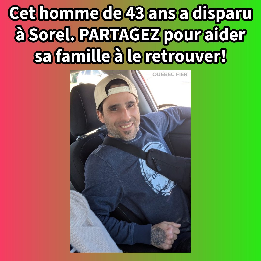 QuebecFier's tweet photo. 🚨 DISPARITION À SOREL-TRACY – AIDE DEMANDÉE 🚨

La Sûreté du Québec sollicite l’aide du public pour retrouver Yohan Gilchrist, 43 ans, de Sorel-Tracy.

Il a été vu pour la dernière fois le 28 janvier au matin, sur la rue Louis-Riel. Il se déplacerait à pied. Ses proches craignent pour sa santé et sa sécurité.

Description :
• 1,75 m (5 pi 9 po)
• Cheveux bruns, yeux bruns
• Tatouages : « Alexis » et tête de mort au cou, couronne main droite, flammes sur les bras, « James » sur le torse
• Manteau vert camouflage, jeans, coton ouaté jaune « Vans », bottes beiges

📞 Si vous le voyez, composez immédiatement le 911.
Toute information peut aussi être transmise confidentiellement à la SQ au 1 800 659-4264.
Dossier : 107-260212-003

#disparition #Sorel