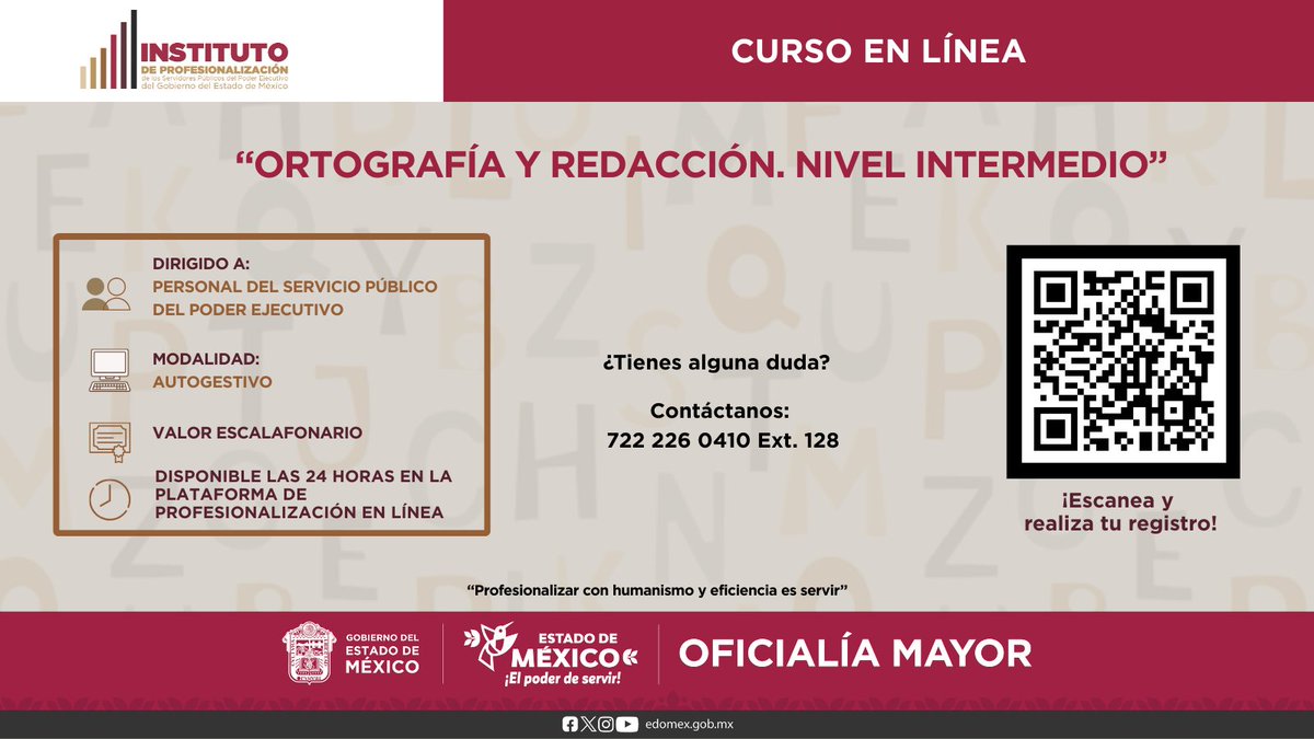 ✍️ Fortalece tu comunicación escrita en el servicio público.
🖥️Disponible en nuestra Plataforma de Profesionalización en Línea 👉🏻ipsp.com.mx/registro/ 
¡Tu formación es parte fundamental de la administración pública!

#ComunidadIPSP #OficialíaMayorEdoMéx
#AdministrarParaServir