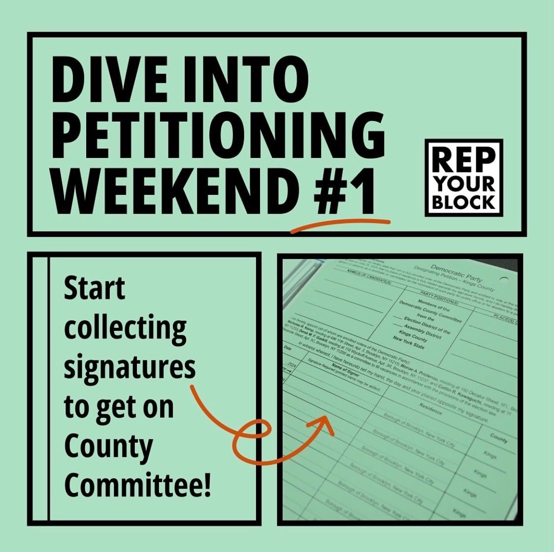 RepYourBlock's tweet photo. Petitioning to get on County Committee is officially underway! Head to https://t.co/AoPsbEzd5v for a list of  petitioning events this wknd and join us on Saturday from 4-6pm at Fulton Hall (250 Ashland Pl) to celebrate the first Saturday of petitioning season! https://t.co/DsmOIHqoLi