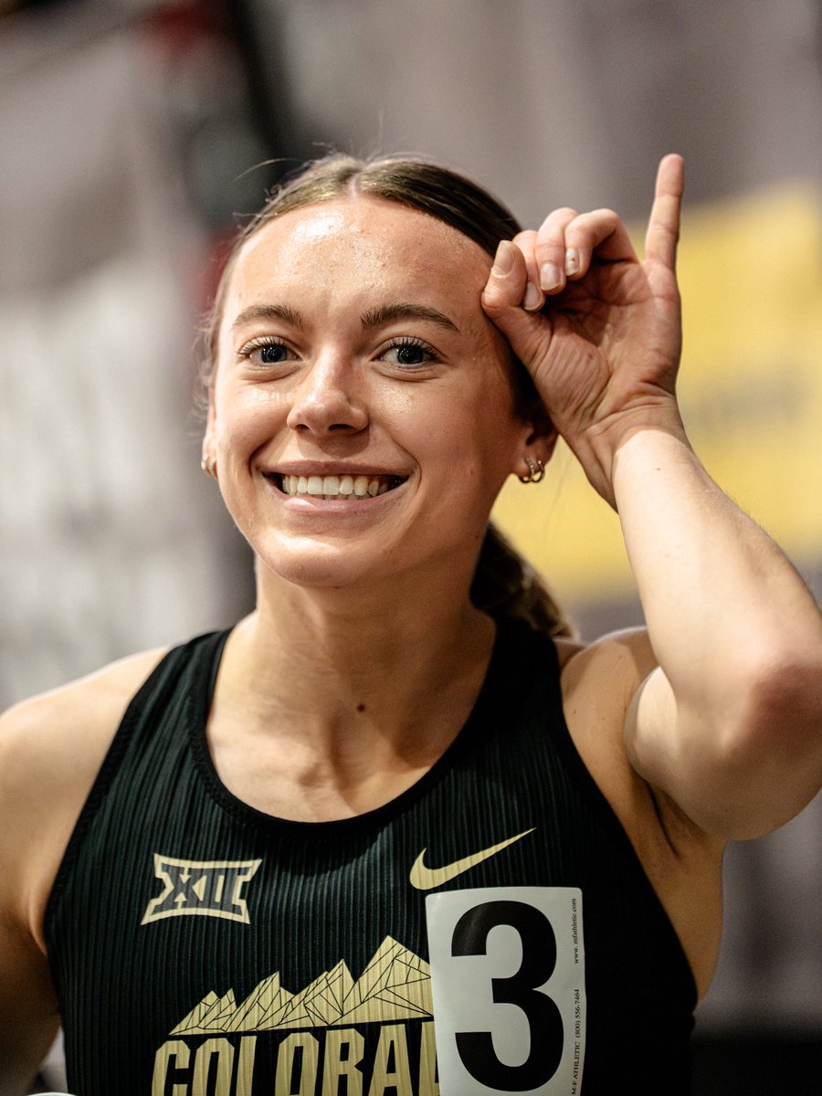 CUBuffsTrack's tweet photo. WHAT A PRELIM FOR AVERY!!!! 💥⚡️🦬 

In the women’s 600y prelim, Avery Pearson set a new Big 12 Indoor Championship meet record with a time of 1:17.92, tying for No. 3 on the NCAA all-time list!!! https://t.co/V7Gwlti4US