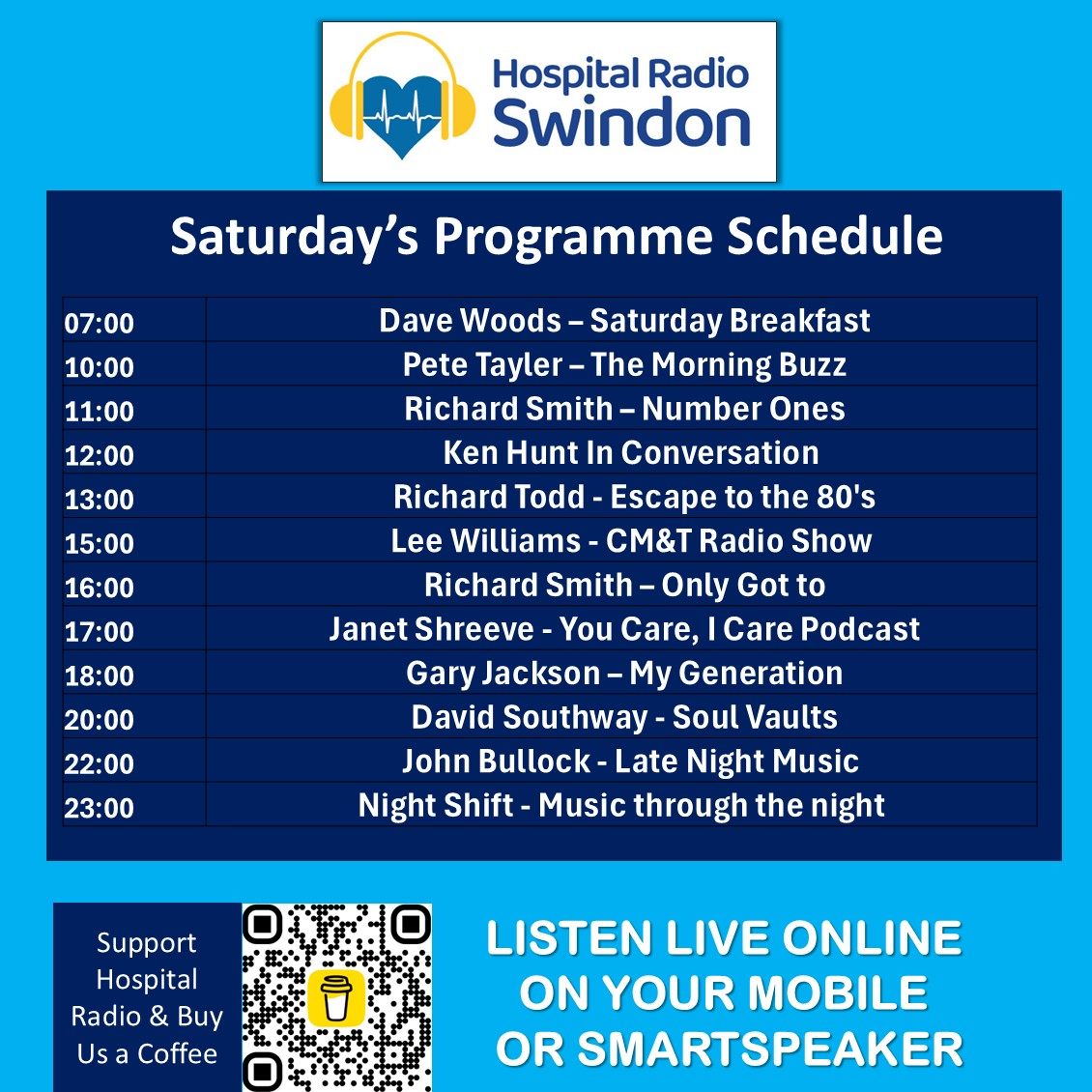 HRSwindon's tweet photo. Great music, friendly presenters &amp; feel-good programmes throughout the day 💙

📻 Tune in on the wards or online https://t.co/mXJDM4gUEs
#attheheartofthehospital #radioforthegwh
@GWH_NHS https://t.co/SgvkaN5FLe