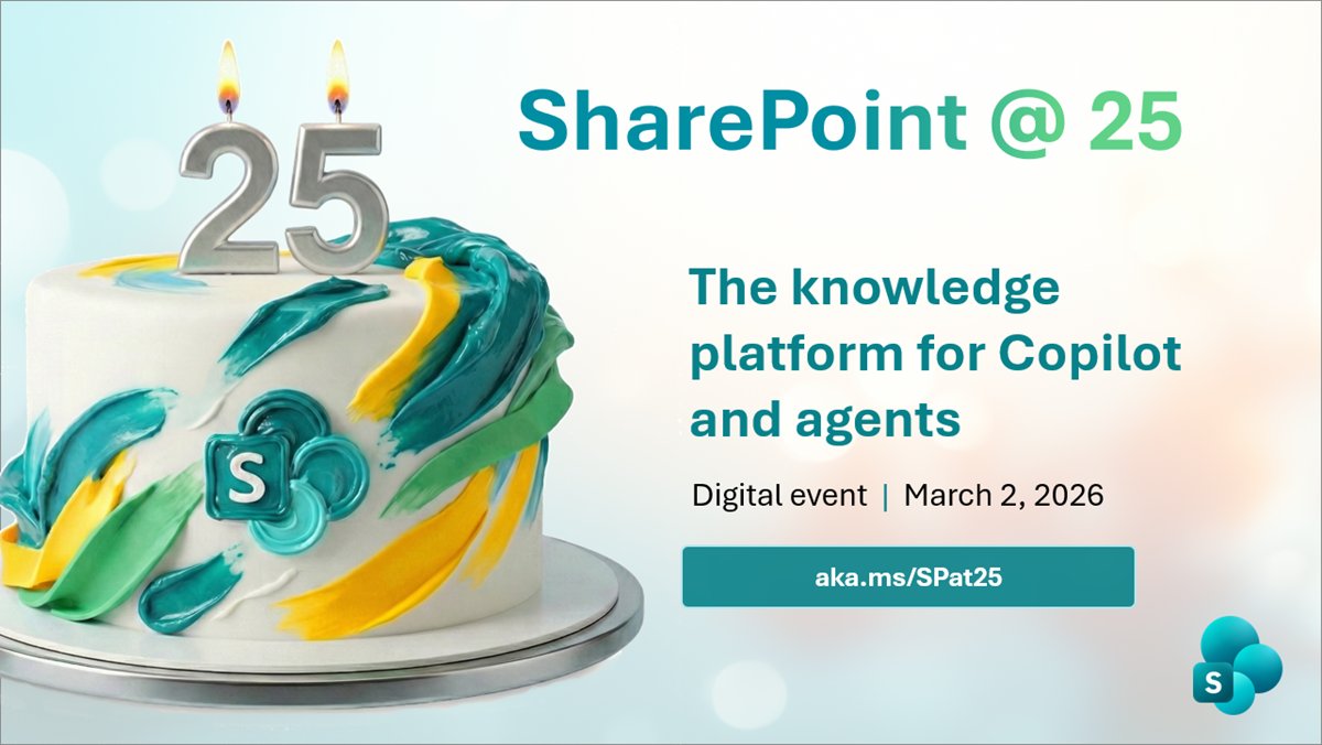 Msft365Insider's tweet image. 🎉 See you Monday. All the details are in the blog.
🥳 techcommunity.microsoft.com/blog/spblog/jo…

#Microsoft365 #SharePoint #25Years