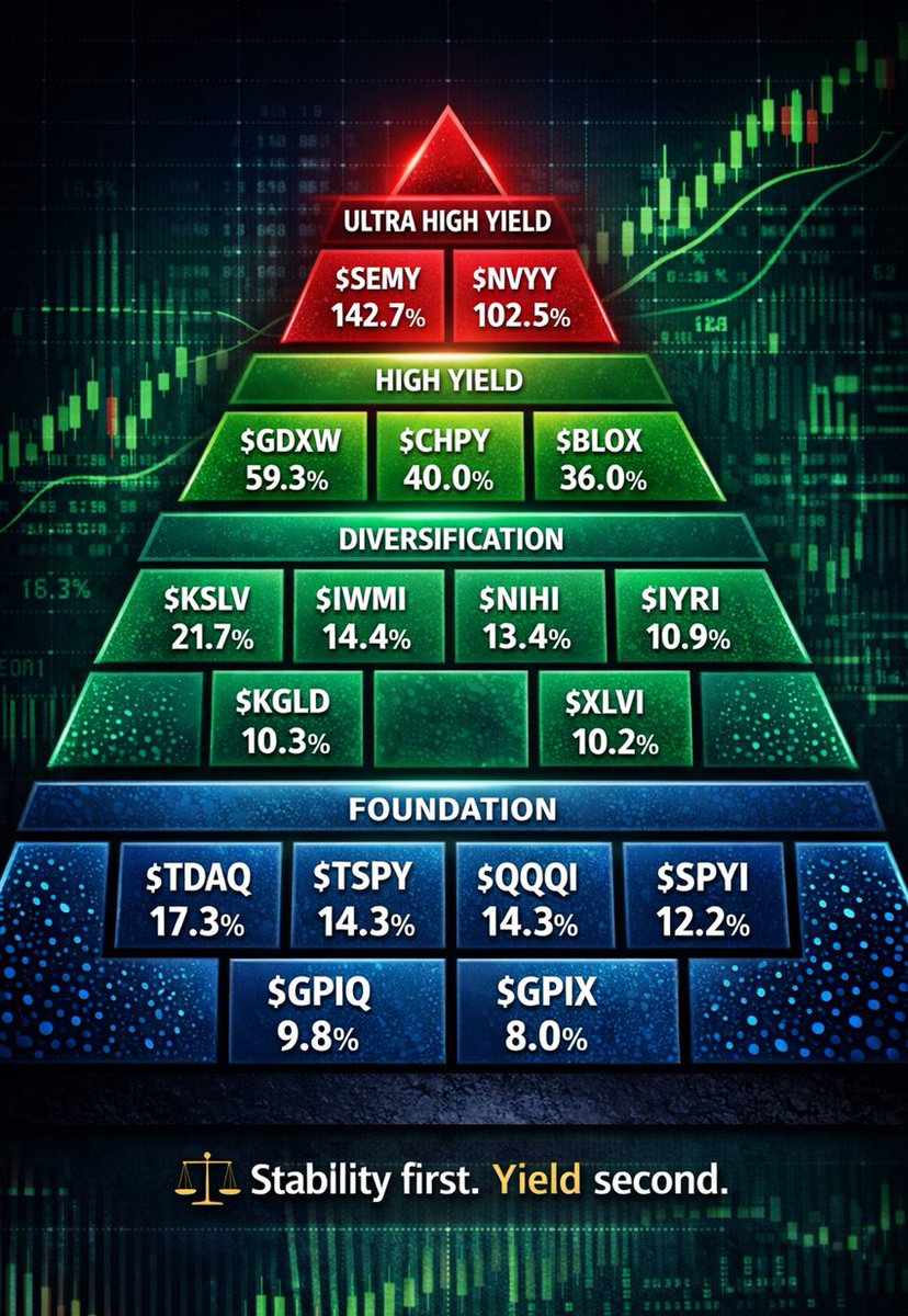 BeatTheBotz's tweet photo. 💸 High Yield Portfolios Work Best When Built On A Stable Foundation

Foundation: $SPYI $QQQI $TDAQ $TSPY $GPIX $GPIQ

Diversification: $IWMI $NIHI $IYRI $KSLV $KGLD $XLVI

High Yield: $CHPY $BLOX $GDXW

Ultra High Yield: $SEMY $NVYY

⚖️ Stability first. Yield second. https://t.co/ShoW4Zlan6