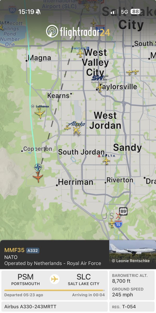 SLCScanner's tweet photo. 🚨 Rare visitor at #SLC! Netherlands Royal Air Force (NATO MMF) Airbus A330-243MRTT tanker #MMF35 / T-054 inbound from Portsmouth (PSM). Altitude 8,700 ft, ground speed 245 mph on final.
NATO-operated A330 MRTT landing in Salt Lake City—first time seeing one here? 🇳🇱✈️🇺🇸 #AvGeek #Flightradar24 #Planespotting”