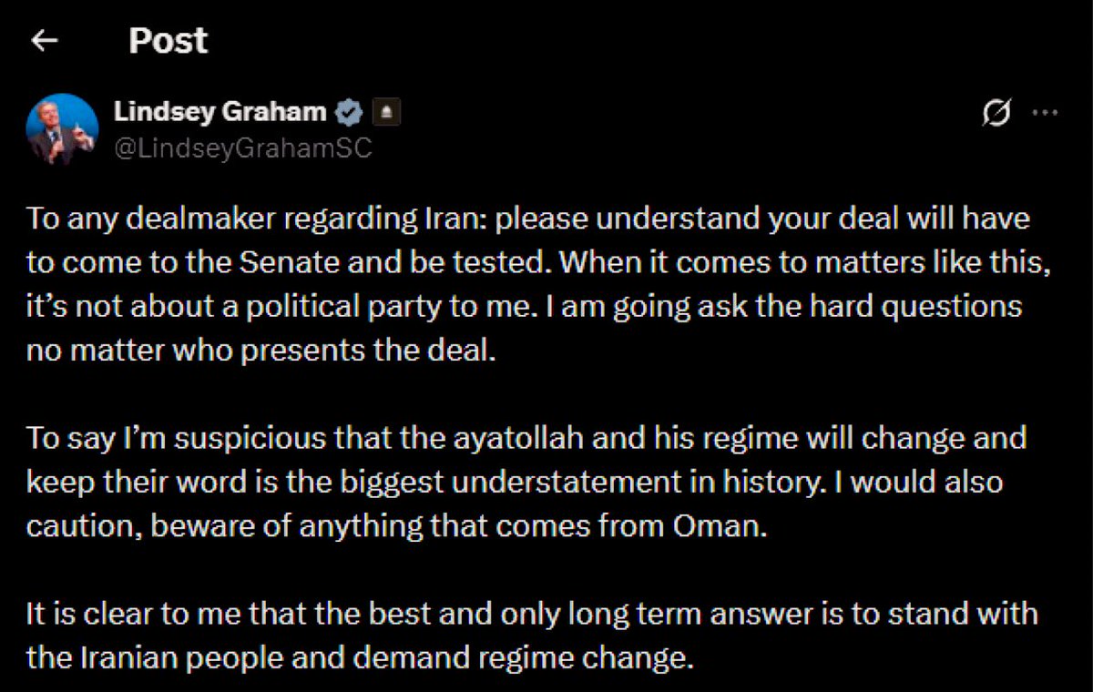 🚨 عاجل – السيناتور غراهام:

"احذروا من أي شيء يأتي من عُمان 🇴🇲."!!

 #شارع_الأعشى #تهران #Iran